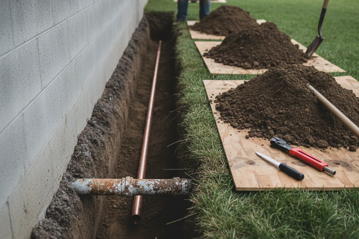 Excavated water line trench during Water Softener Installation in Aurora